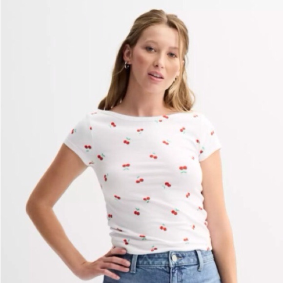SO Juniors Cherry Print Boat Neck Baby Tee - Picture 2 of 9